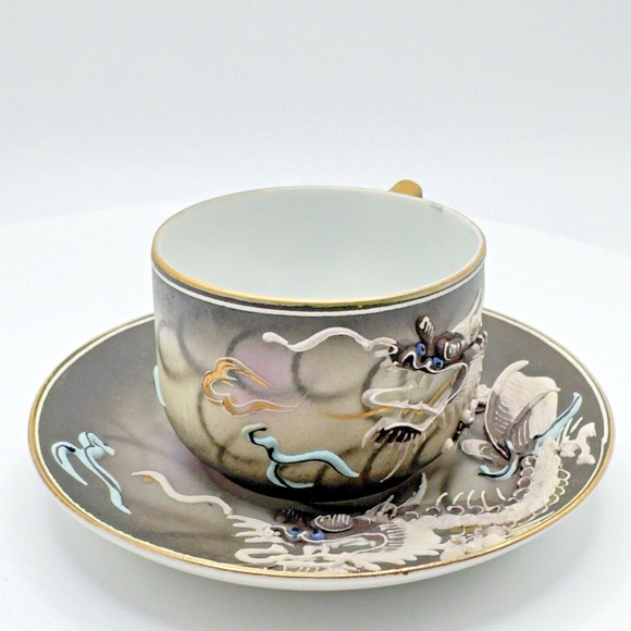 Vintage Geisha Lithophane Dragonware Small Teacup & Saucer Moriage Black Japan - Picture 4 of 16